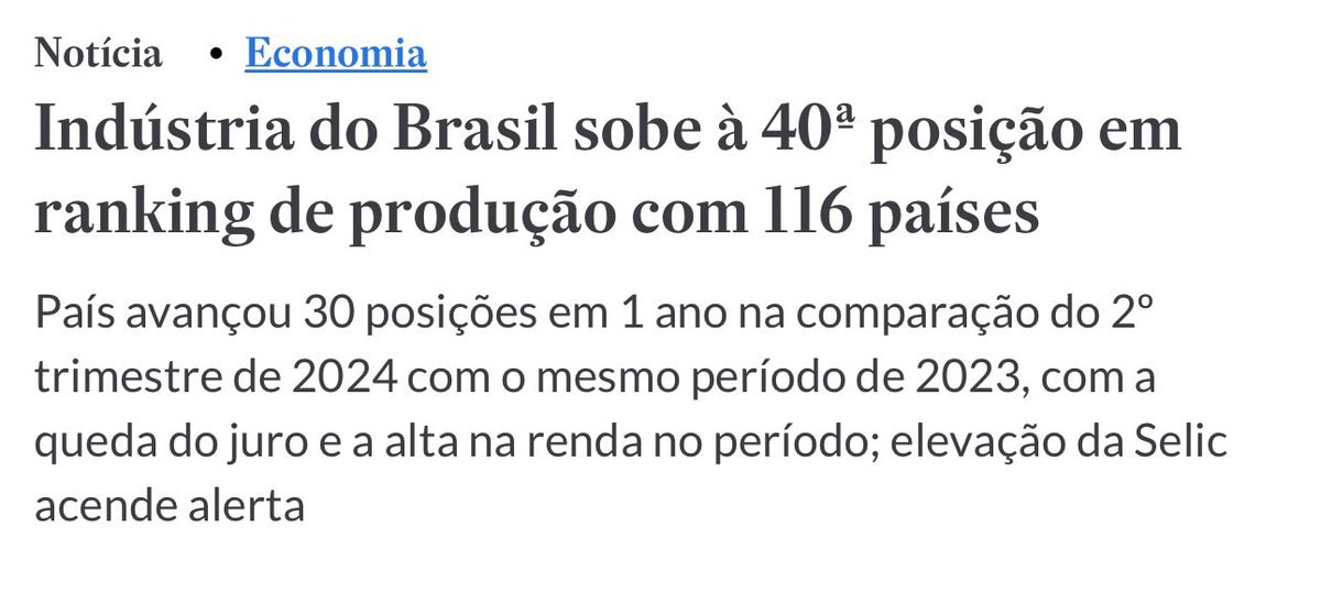 O Brasil não para de avançar, doutor <a href="/geraldoalckmin/">Geraldo Alckmin 🇧🇷</a>. Em um ano, subimos 30 posições no ranking de produção industrial entre 116 países. Resultado da política de incentivo aos investimentos, da estabilidade política e econômica, e do retorno do Brasil aos mercados internacionais.