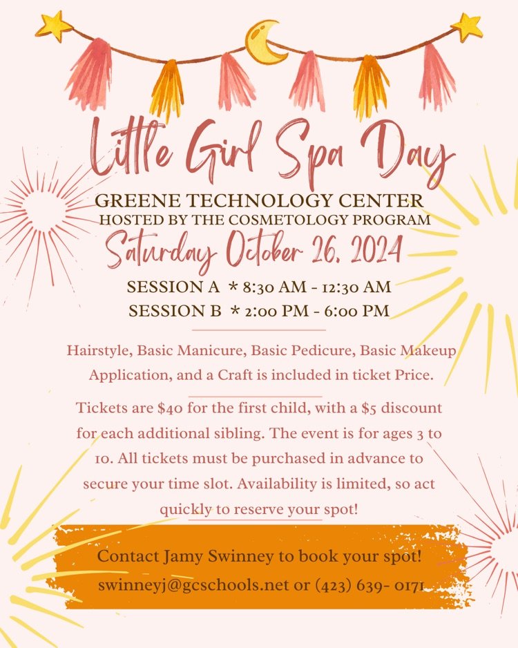 GTC - Greene Technology Center (@greenetechctr) on Twitter photo Spa day for the little girls in your life! Limited seating. Call or email to reserve your space.
#gtcworkready <a href="/gtccosmetology/">Robyn Shipley</a> <a href="/aaron/">Aaron LaBerge</a>.flanary @kimmy_cook Spa day for the little girls in your life! Limited seating. Call or email to reserve your space.
#gtcworkready <a href="/gtccosmetology/">Robyn Shipley</a> <a href="/aaron/">Aaron LaBerge</a>.flanary @kimmy_cook