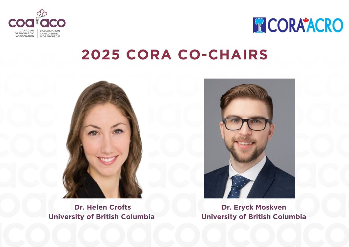 Canadian Orthopaedic Association (@cdnorthoassoc) on Twitter photo The COA is pleased to collaborate with Drs. Helen Crofts and Eryck Moskven from <a href="/ubcorthopaedics/">UBC Department of Orthopaedics</a> as the 2024-2025 Co-Chairs of the Canadian Orthopaedic Residents Association (CORA). In their roles, Drs. Crofts and Moskven represent resident perspectives at COA Board of Directors The COA is pleased to collaborate with Drs. Helen Crofts and Eryck Moskven from <a href="/ubcorthopaedics/">UBC Department of Orthopaedics</a> as the 2024-2025 Co-Chairs of the Canadian Orthopaedic Residents Association (CORA). In their roles, Drs. Crofts and Moskven represent resident perspectives at COA Board of Directors