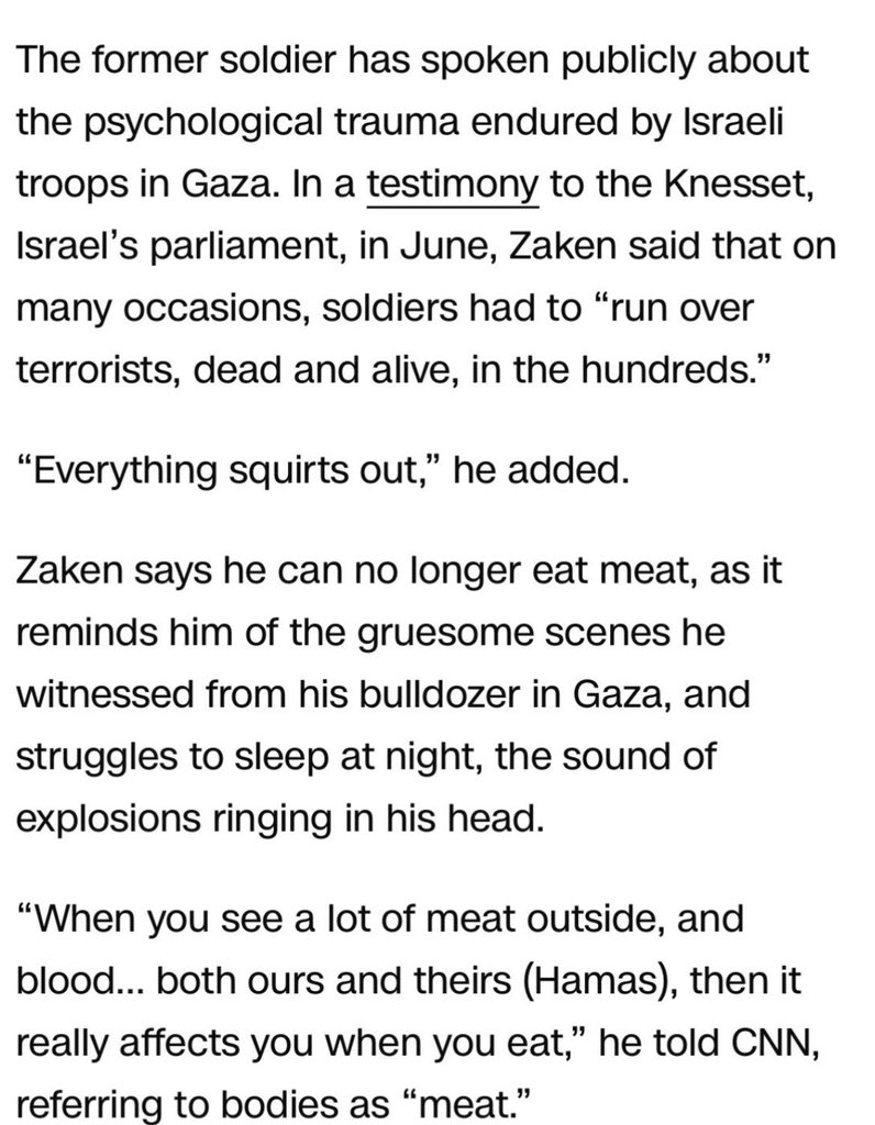 the IDF soldier quoted in this <a href="/CNN/">CNN</a> piece about postwar *trauma* refers to bodies &amp; corpses in Gaza as “meat”

i’m so struck by the language here &amp; how—as w/so many other genocides—the perpetrators are able to distance themselves from their war crimes by denying humanity itself..