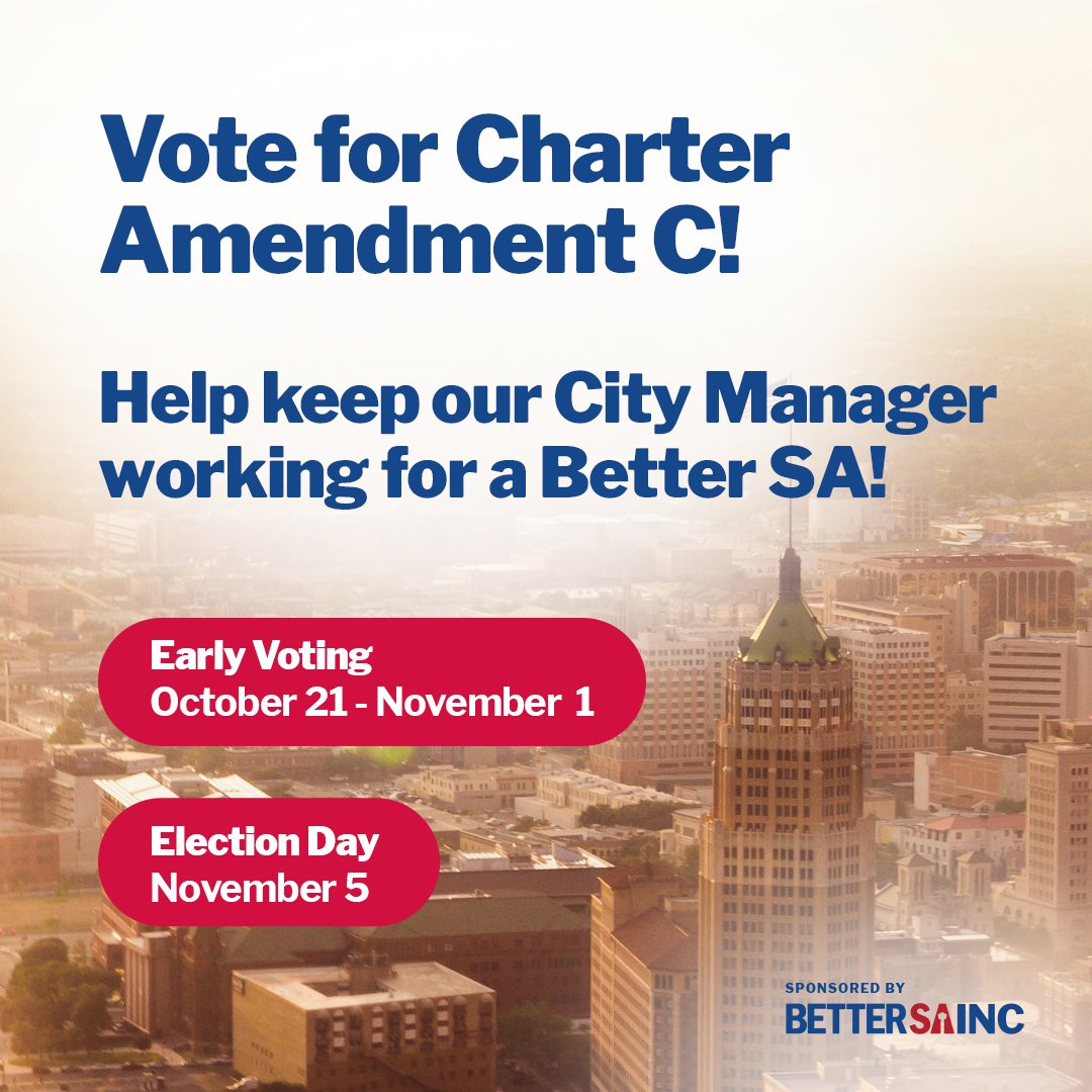 Charter Amendment C ensures San Antonio’s city manager can lead effectively without outdated limits. Vote YES to give our city council the tools to retain strong leadership for our future. #VoteYes #CharterAmendmentC #BetterSA