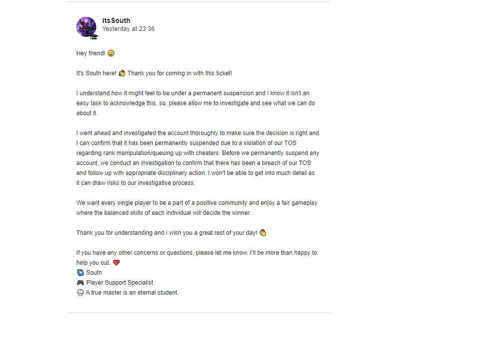 destrofps_'s tweet photo. @riotgames @RiotSupport @VALORANT 
I write a ticket about my account getting UNFAIRLY SUSPENDED FOR 6 MONTHS, and the valorant support responds with (First picture), He responded to my ticket within 2 minutes? Clearly didn't do an investigation with the response i can see! RIOT?? https://t.co/6fNNlEmv6F