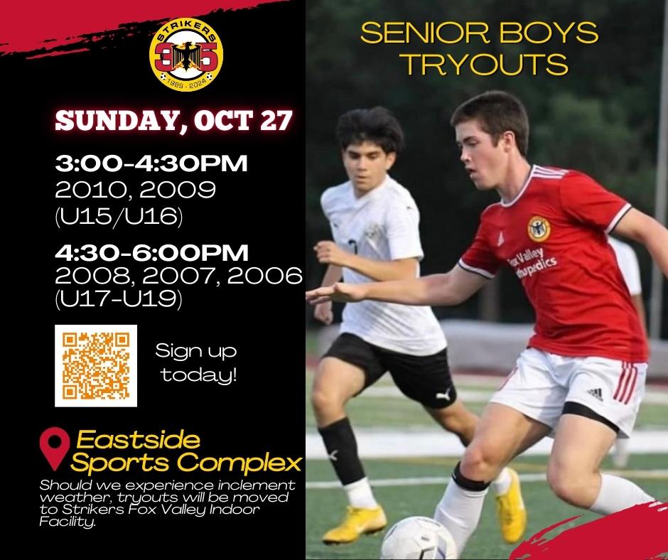 Senior boys tryouts—Sunday, October 27! Join a team dedicated to your development as a soccer player. Sign up at ➡️ strikersfoxvalley.com/register!