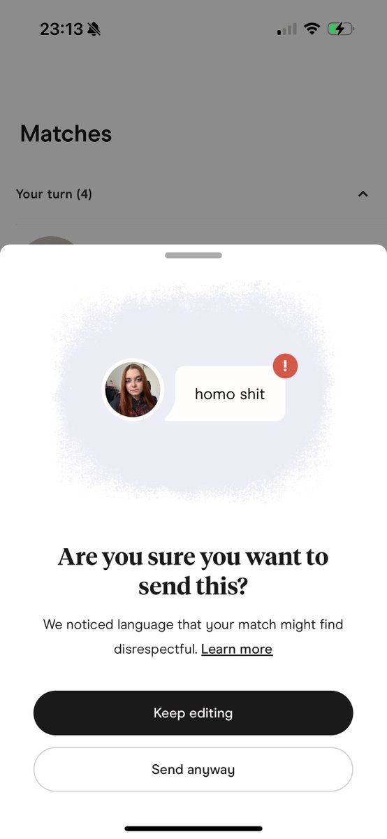 hinweis zur nachricht "homo shit"

"Are you sure you want to send this?
We noticed language that your match might find disrespectful.

• Keep editing 
• Send anyway"