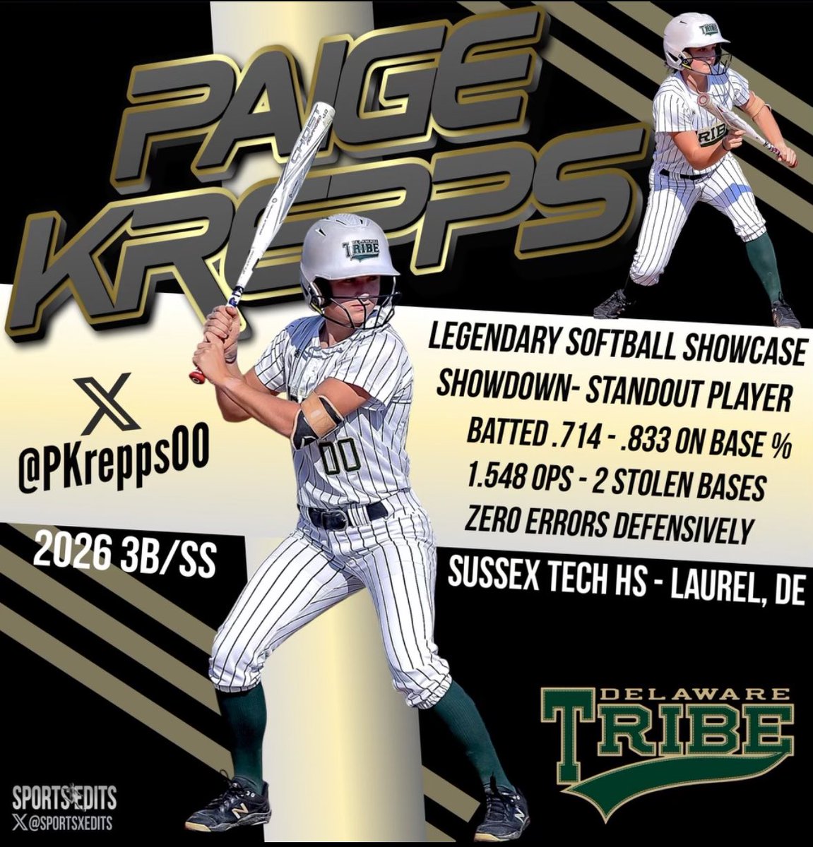 Delaware Tribe 18U (@detribe18u) on Twitter photo Congrats to Paige for being our Showcase standout for her performance in this last weekends <a href="/Legendarysftbl/">Legendary Softball</a> Showcase Showdown!
<a href="/PKrepps00/">PaigeKrepps00</a> hit .714 with an OBP of .833 and played lockdown defense! Way to go Paige! Congrats to Paige for being our Showcase standout for her performance in this last weekends <a href="/Legendarysftbl/">Legendary Softball</a> Showcase Showdown!
<a href="/PKrepps00/">PaigeKrepps00</a> hit .714 with an OBP of .833 and played lockdown defense! Way to go Paige!