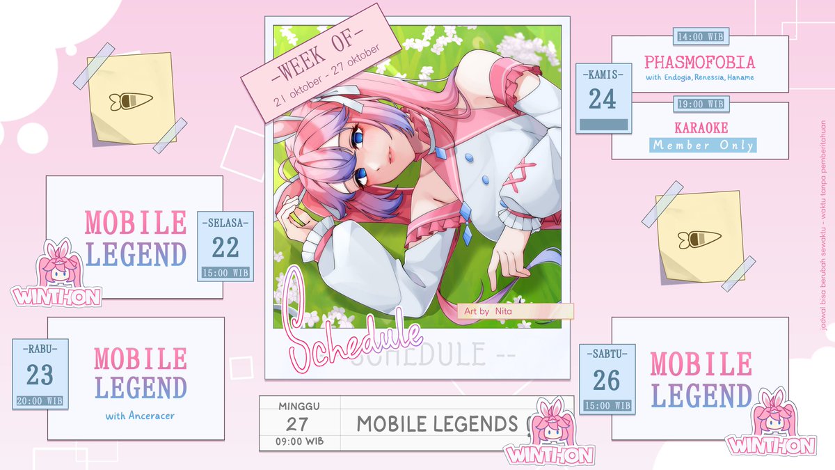 Winnieandreena's tweet photo. ⌜Winnie Weekly Schedule⌟
21 &amp; 27 Okt 2024

Asset &amp; art by @nitachan03 [IG]

----------------------------------

⌜HASTAG⌟

#WinnieAndreena ⌜General⌟
#ReShow ⌜Live⌟
#Winners ⌜Fanname⌟
#FiguReena ⌜Fanarts⌟
#JoKelinci ⌜Memes⌟
#ClipAn ⌜Clips⌟ https://t.co/wu7V0WP2E3