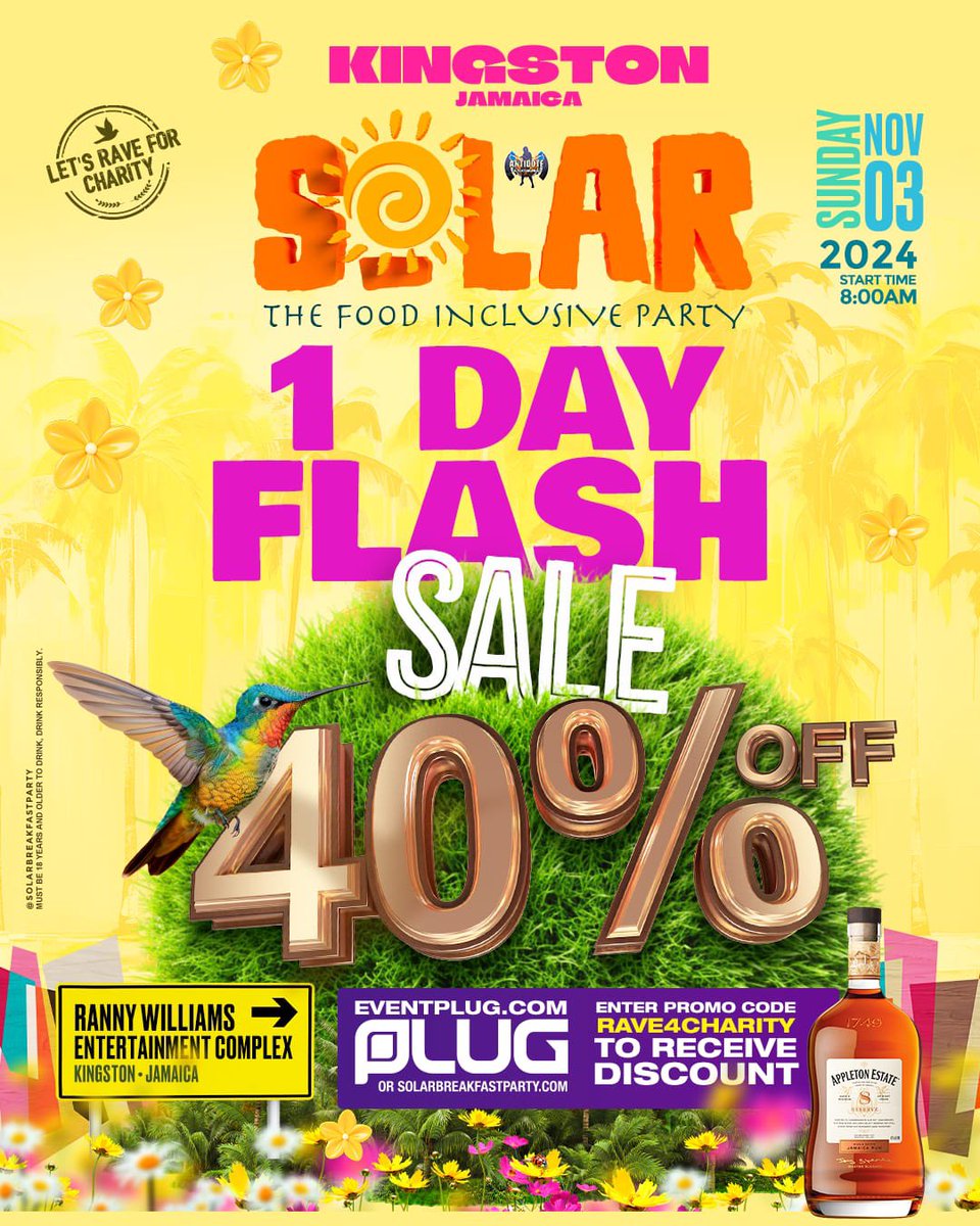 #SolarBreakfastParty (@solarbfparty) on Twitter photo S☀️lar KINGSTON 40% Off 1 Day Flash Sale‼️
Enter Promocode: *RAVE4CHARITY* at checkout to receive 40% off Tier 1 tickets.
.
🎟$9000 JMD : 🎟$65 USD 
Solarbreakfastparty.com
.
 _Limited quantity available_ . 
See you in Kingston!
#solarbreakfastparty S☀️lar KINGSTON 40% Off 1 Day Flash Sale‼️
Enter Promocode: *RAVE4CHARITY* at checkout to receive 40% off Tier 1 tickets.
.
🎟$9000 JMD : 🎟$65 USD 
Solarbreakfastparty.com
.
 _Limited quantity available_ . 
See you in Kingston!
#solarbreakfastparty