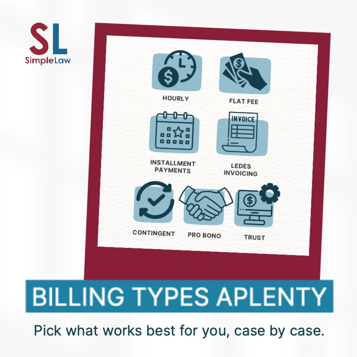 _simplelaw's tweet image. Offering multiple billing types? SimpleLaw offers a wide variety of billing types so your firm can easily meet the firm AND the client needs. 🤝🤑 Want to learn more? Check out our website: simplelaw.com 
#simplelaw #casemanagementsoftware
