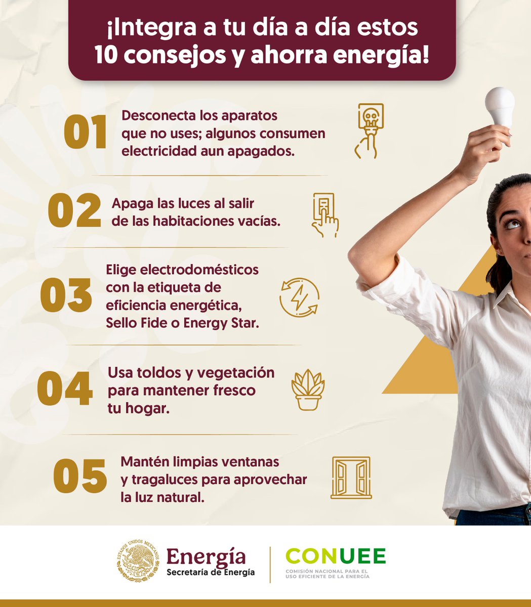 SENER_mx's tweet photo. En conmemoración del Día Mundial del Ahorro de Energía 💡, te presentamos 10 consejos prácticos para optimizar tu consumo energético, beneficiando tanto tu economía como al planeta. Para más información, visita el enlace de la @CONUEE_mx 💰♻️🔋
👉🏼 https://t.co/x1irpR9FVM https://t.co/Ym3YOn2EIB