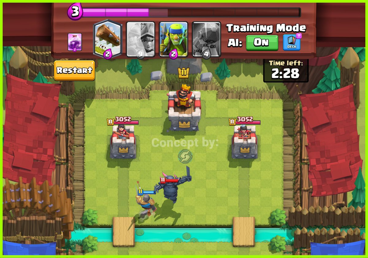 New Update Idea for Clash Royale
--&gt; Training Mode &lt;--

- Practice against specific decks or test interactions
- Choose the deck for your AI opponent
- AI can play the deck OR you can place your their cards to practice interactions
- Can restart within the battle to save time