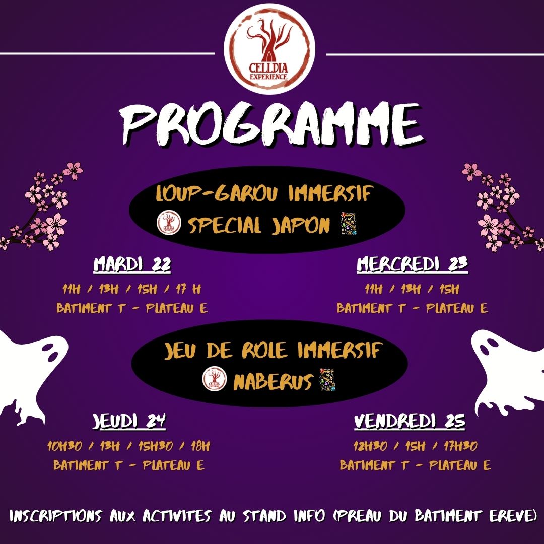 CelldiaExp's tweet photo. C’est notre premier jour à la Halloweek 2024 ! 🎃

✨ Voici le programme de la semaine pour celles et ceux qui sont intéressé·es par nos activités.

👉 Inscriptions au stand info sous le préau du bâtiment R ! https://t.co/XTSjZnxxZj