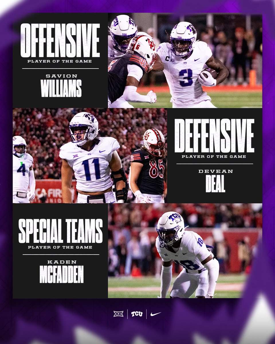TCUFootball's tweet photo. 🏈 Players of the Game vs. Utah 🏈 https://t.co/kE096XuxVh