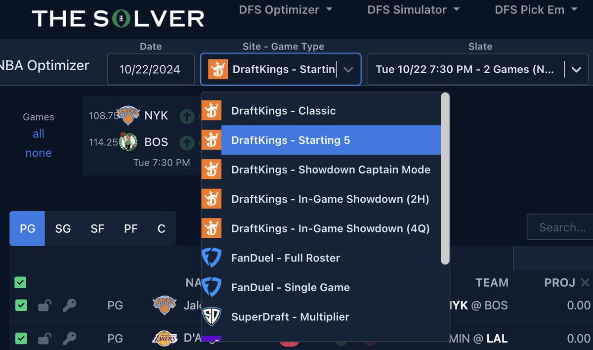 We are now supporting the new NBA Starting 5 format on DraftKings

There's no salary cap in this game type. You pick five players (one at each position) to build a lineup