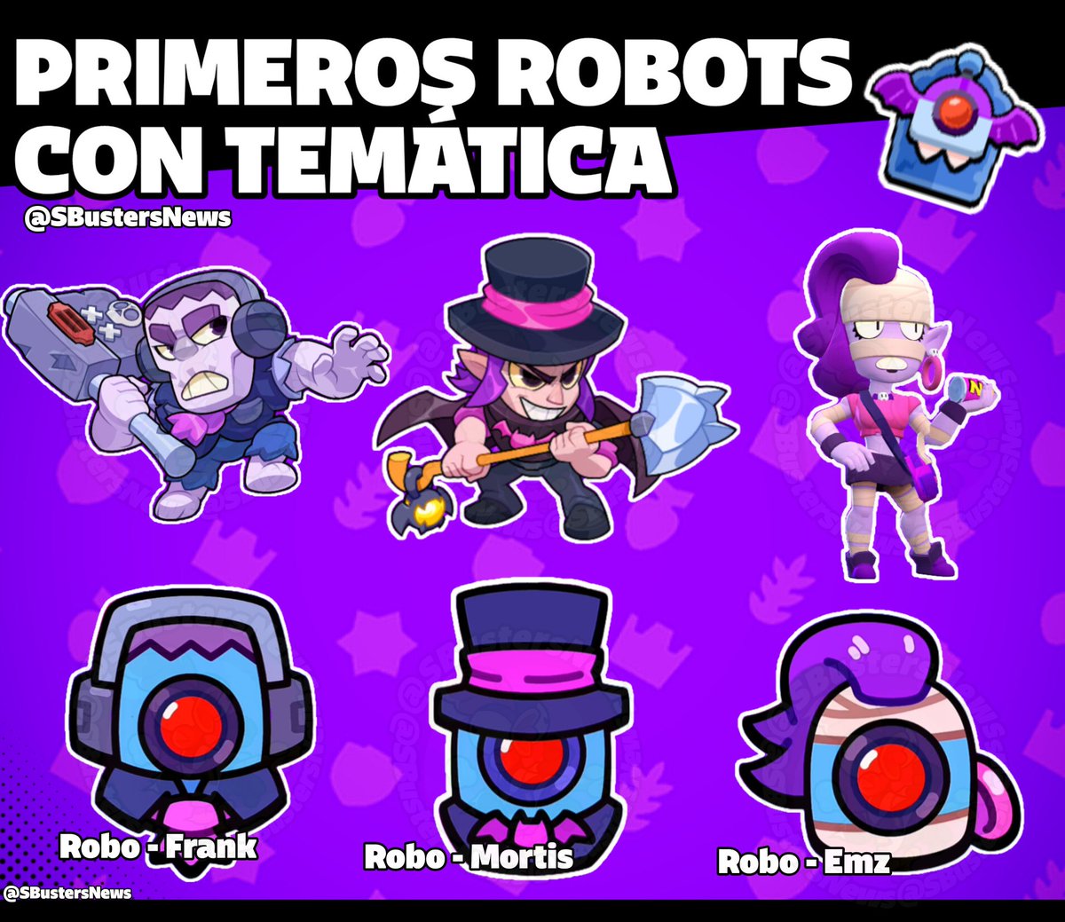 PRIMEROS ROBOTS
CON TEMÁTICA 💫

Frank, Mortis y Emz del universo de #BrawlStars tienen su versión robot dentro de #SquadBusters. 🤖

Irónicamente, todos son del trío de la morgue, aunque emz no está dentro del juego 🫠

¿Crees que Emz vaya a salir dentro de Squad Busters? 💬