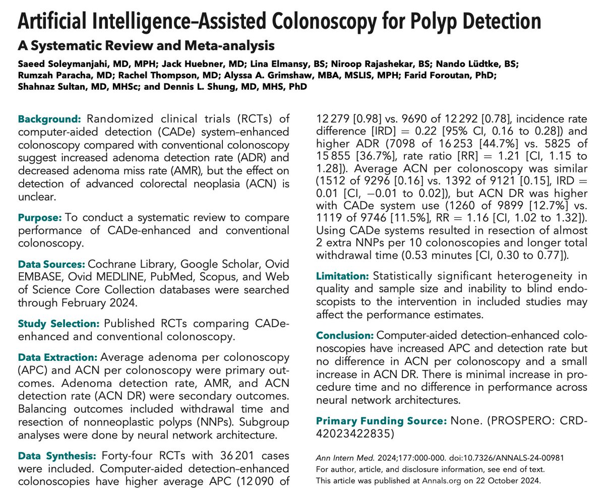Eric Topol (@erictopol) on Twitter photo A systematic review of 44 randomized trials of #AI assisted colonoscopy shows significantly improved polyp detection rate
acpjournals.org/doi/10.7326/AN… <a href="/AnnalsofIM/">Annals of Int Med</a> A systematic review of 44 randomized trials of #AI assisted colonoscopy shows significantly improved polyp detection rate
acpjournals.org/doi/10.7326/AN… <a href="/AnnalsofIM/">Annals of Int Med</a>