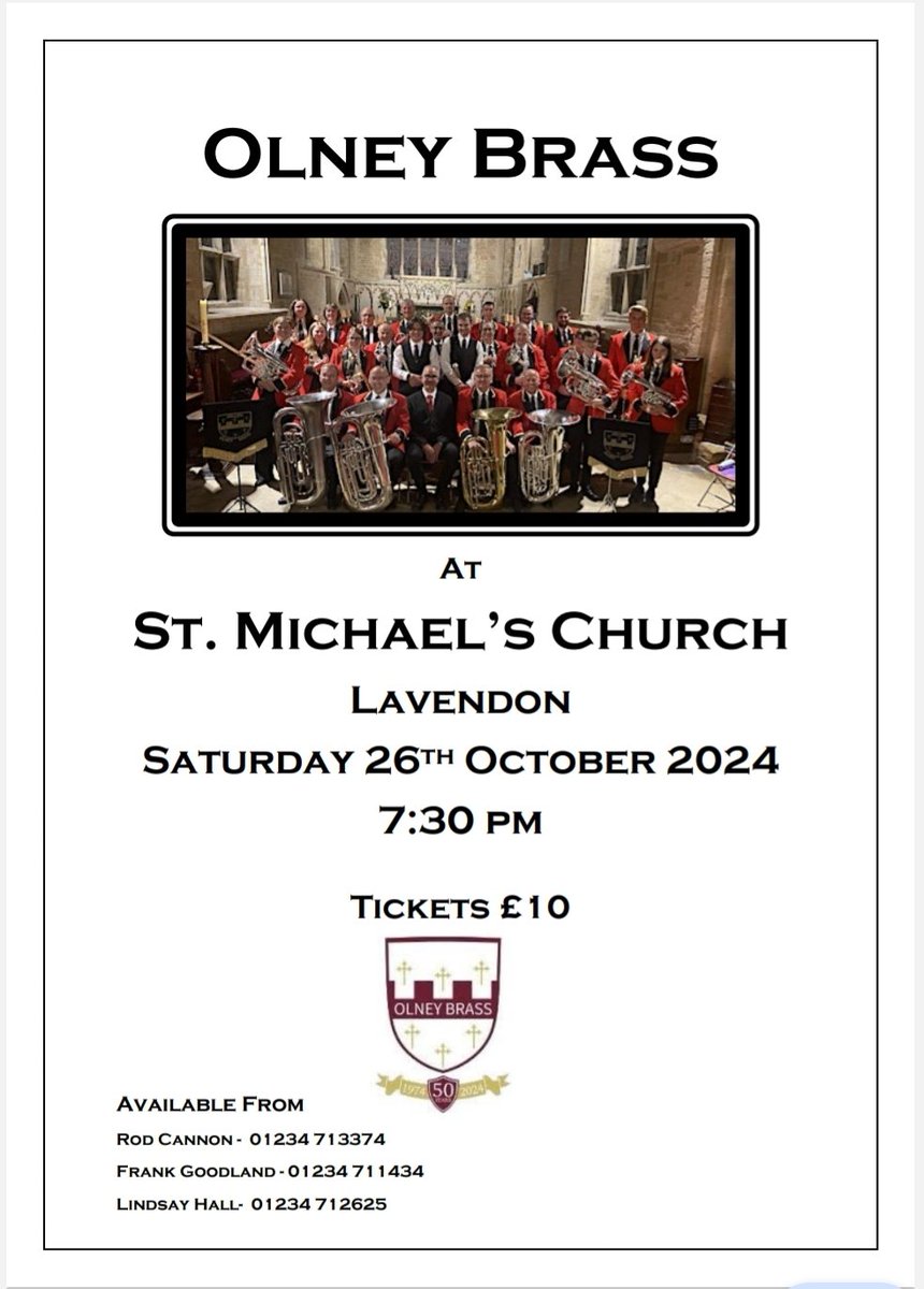 Less than a week before our concert in Lavendon.

Tickets are available by contacting one of the phone numbers on the poster.

Hope to see you there! 🎶🎺

#olneybrass
#stmichaelschurch 
#lavendon 
#brassband