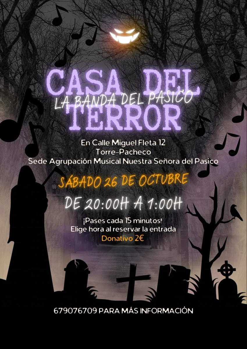 ¡Este 26 de octubre te esperamos en la Casa del Terror organizada por La Banda del Pasico! 
Sábado 26 de octubre, de 20:00h a 1:00h, con pases cada quince minutos. ¡Elige tu hora al comprar la entrada!

⚠️Los menores de 8 años deben ir acompañados de un adulto.