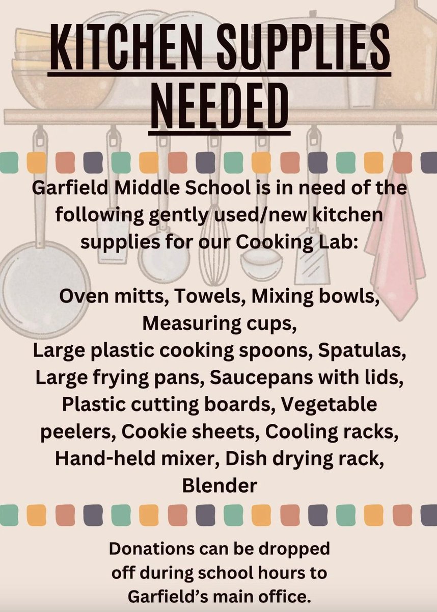 Hi Lakewood community!! Garfield Middle School is looking for cooking supplies if anyone can donate!!