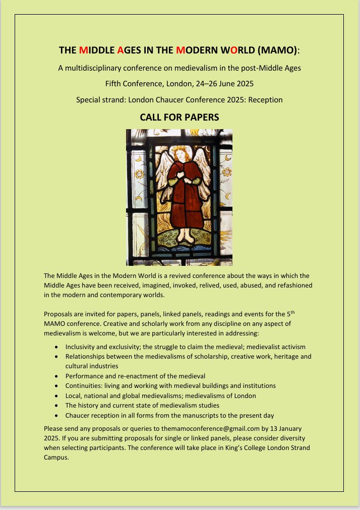 The Middle Ages in the Modern World conference (MAMO) returns!
24-26 June 2025, London (King's College Strand Campus).
Visit themamo.org for more details and see our Call For Papers below. All aspects of medievalism welcome.