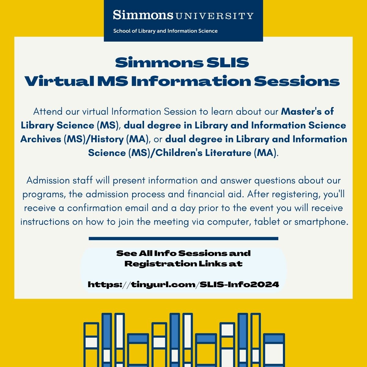 SimmonsSLIS's tweet photo. Interested in learning more about earning your MS and PhD at Simmons SLIS? Consider attending one of our info sessions to hear from faculty, learn about course offerings, and ask questions!

View our full calendar of information sessions at https://t.co/kuVvhkQ6ka. https://t.co/pCvvCn6L9F