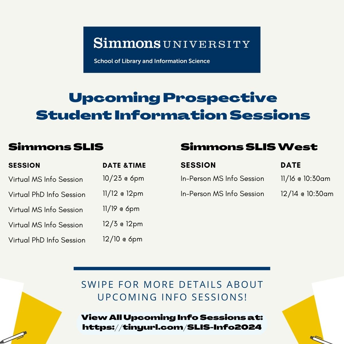 SimmonsSLIS's tweet photo. Interested in learning more about earning your MS and PhD at Simmons SLIS? Consider attending one of our info sessions to hear from faculty, learn about course offerings, and ask questions!

View our full calendar of information sessions at https://t.co/kuVvhkQ6ka. https://t.co/pCvvCn6L9F