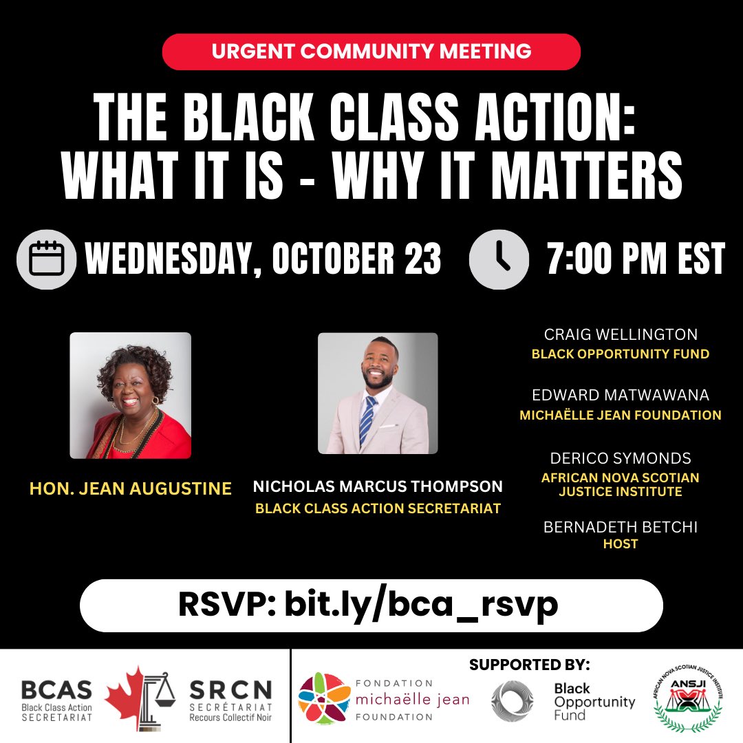 BlackClassActn's tweet photo. URGENT COMMUNITY MEETING (le français est ci-dessous) 

The Black Class Action isn't just a lawsuit—it’s a movement for equity and justice in Canada’s workplaces.

The government has spent $10 million fighting Black public service workers in court, even after admitting to racism. Black workers dedicate their daily work to serving Canadians—they deserve our support.

Join us for a community meeting to understand how this fight affects Canada’s employment equity legislation and the rights of current, future, and denied workers across the country. It’s time for real change—and we need your support.

🗓️ WHEN: Wednesday, October 23 at 7:00 PM EST
📍 RSVP: https://t.co/iJ4bTYmdHj 

Show up, get informed, and be part of the change.

RÉUNION COMMUNAUTAIRE URGENTE

Le Recours Collectif Noir n'est pas seulement un procès, c'est un mouvement pour l'équité et la justice dans les milieux de travail au Canada.

Le gouvernement canadien a déjà dépensé 10 millions de dollars pour combattre les plaintes et requêtes émises par les travailleurs Noirs de la fonction publique devant les tribunaux, même après avoir admis et reconnu l’existence de racisme au sein de son organisation. 

Les travailleurs Noirs consacrent leur travail quotidien à servir les Canadiennes et canadiens. Et ils méritent notre plus ample soutien.

Joignez-vous à nous pour une réunion communautaire durant laquelle vous serez renseigné sur comment ce combat affecte la législation sur l'équité en matière d'emploi au Canada et les droits des travailleurs actuels, futurs et refusés à travers le pays. Il est temps pour un réel changement - et nous avons besoin de tout votre soutien.

🗓️ QUAND : Mercredi 23 octobre à 19h00 EST 
📍 RSVP : https://t.co/iJ4bTYmdHj

Présentez-vous, informez-vous et faites partie du changement.

#BlackClassAction #EndSystemicRacism #JusticeForBlackWorkers #EmploymentEquity #HumanRights #canada