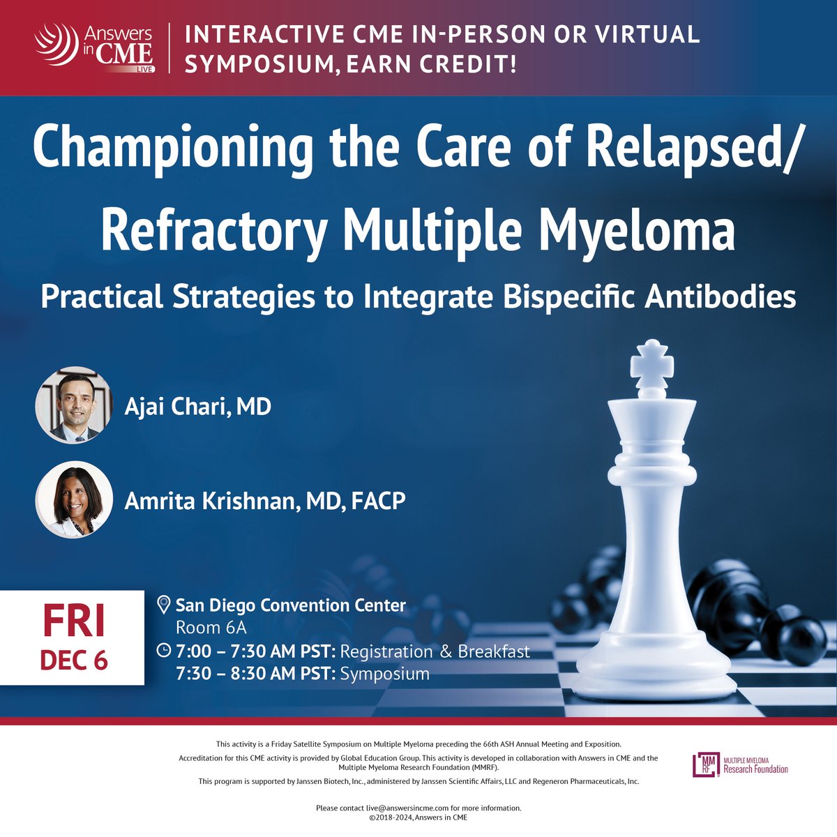 🩸Questions about novel bispecific antibodies for relapsed/refractory multiple myeloma?Join <a href="/AjaiChari/">Ajai Chari</a> and <a href="/DoctorAKrishnan/">Dr. Amrita Krishnan</a> on December 6 in San Diego or livestream for the latest insights.Register now!
👉bit.ly/48kADRs

<a href="/theMMRF/">Multiple Myeloma RF</a> 
#hematology #myeloma #AnswersInCMELive