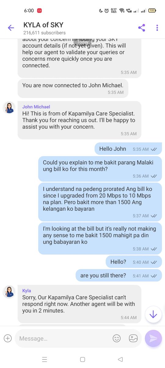 arciealba's tweet photo. @SKYserves Your Kapamilya Care Specialist, John Michael, not only disconnected our chat but also lied, saying we had no previous conversations. I can see in my chat history that he's the same agent I first spoke with today. This is frustrating and unacceptable. Please address! https://t.co/2xuGm33iNC