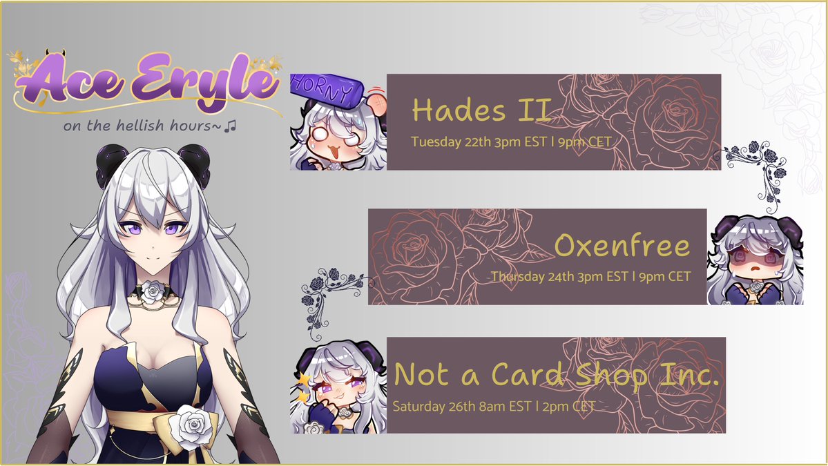 New schedule for this week is here!

We'll be playing some Hades 2 on Tuesday, finally doing Oxenfree on Thursday and selling even less cards in TCG Shop Simulator on Saturday (once again with <a href="/damicVT/">DamicVT ☕🦝</a> as guest)

(Also a really big thank you to <a href="/damicVT/">DamicVT ☕🦝</a> for helping me make this)