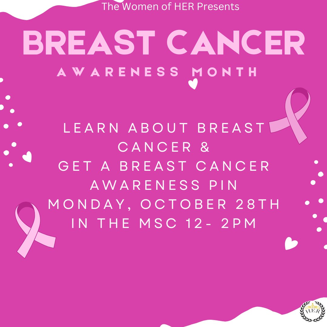💖 Mark your calendars! Join us on October 28th from 12-2 PM in the MSC for Breast Cancer Awareness. Learn more and pick up your awareness pin! Together, we can make a difference. #50ShadesofPink #BreastCancerAwareness