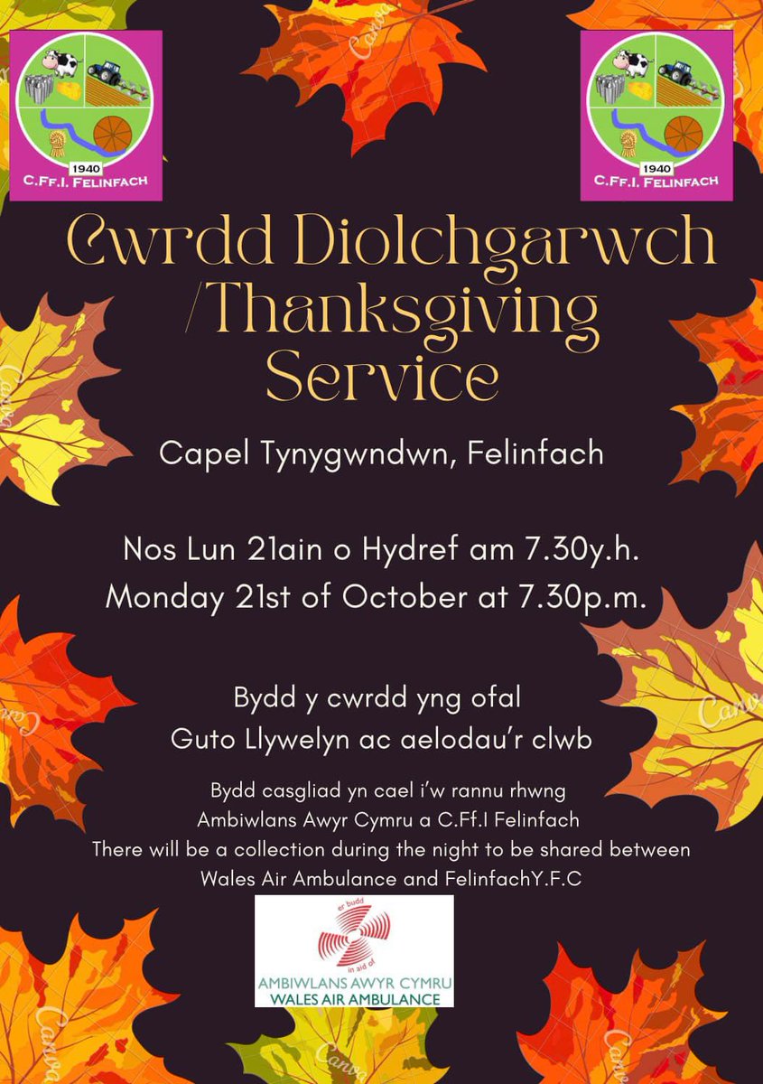 🍁🍂 Cwrdd Diolchgarwch y clwb heno yng Nghapel Tynygwndwn, Felinfach. Roedd y cwrdd yng nghofal Guto Llywelyn ac aelodau’r clwb.