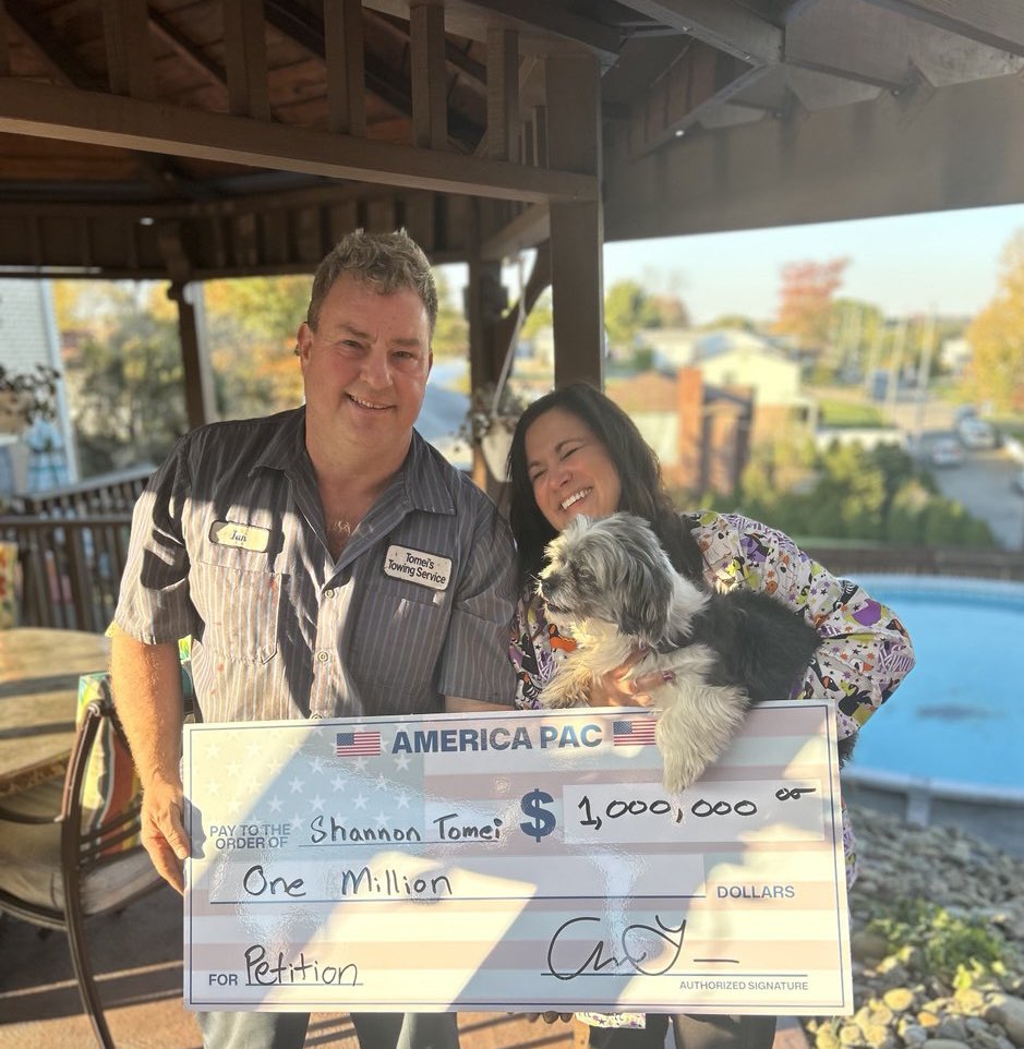 america's tweet image. Shannon from McKees Rocks, PA was today’s recipient of $1M for signing our petition to support the Constitution

Every day until Election Day, a person who signs the petition will be selected to earn $1M as a spokesperson for America PAC

petition.theamericapac.org