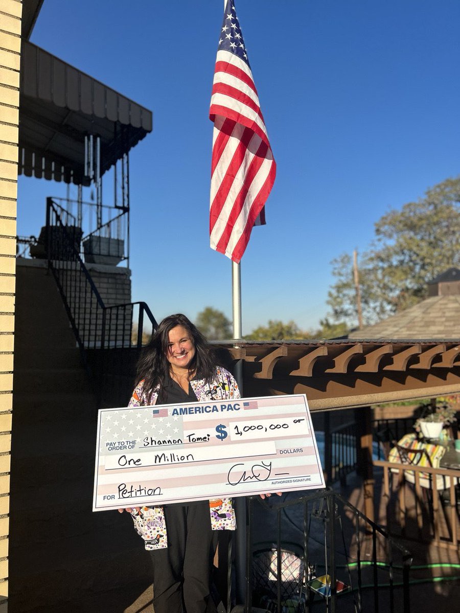 america's tweet image. Shannon from McKees Rocks, PA was today’s recipient of $1M for signing our petition to support the Constitution

Every day until Election Day, a person who signs the petition will be selected to earn $1M as a spokesperson for America PAC

petition.theamericapac.org