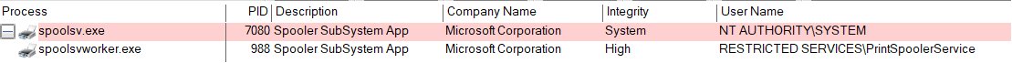 The new account type for services finally landed in WIP. Now when running Windows Protected Print (WPP) the service will run as "Restricted Service" and no longer SYSTEM. There will be a SYSTEM process, but it basically just launches the worker.