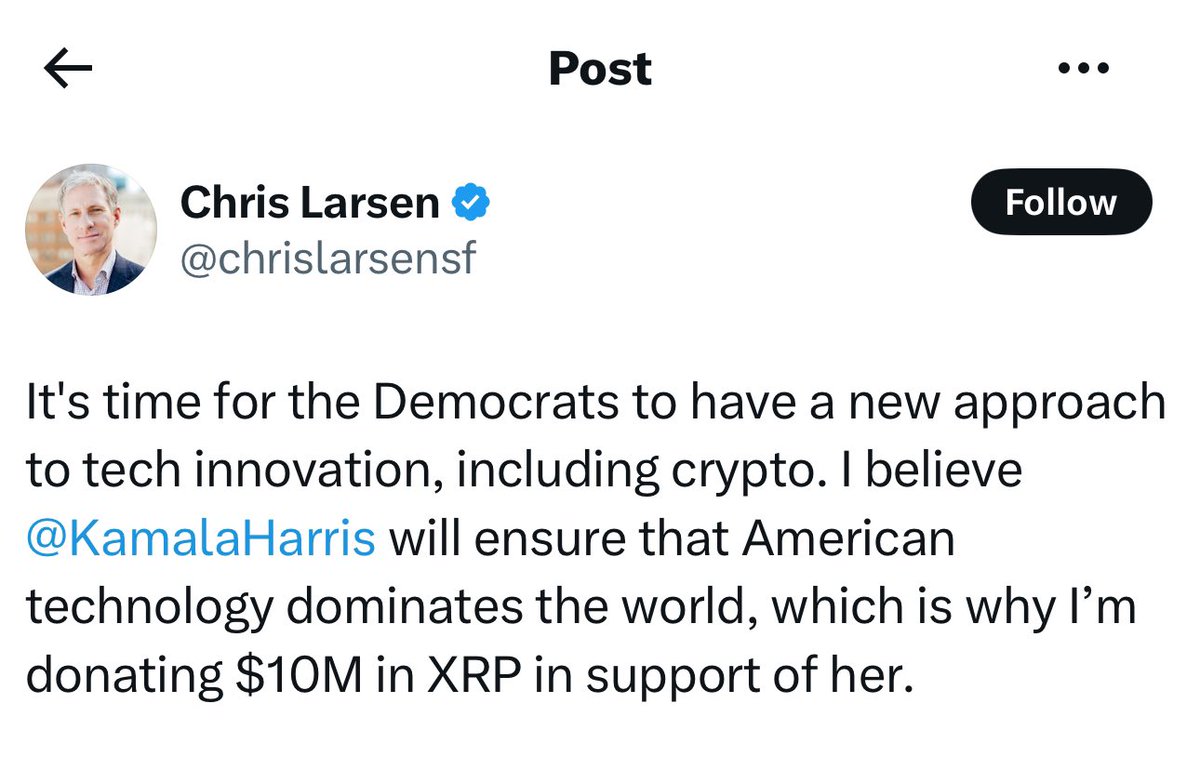JUST IN: Ripple co-founder Chris Larsen says he is donating $10 million in $XRP to Kamala Harris.