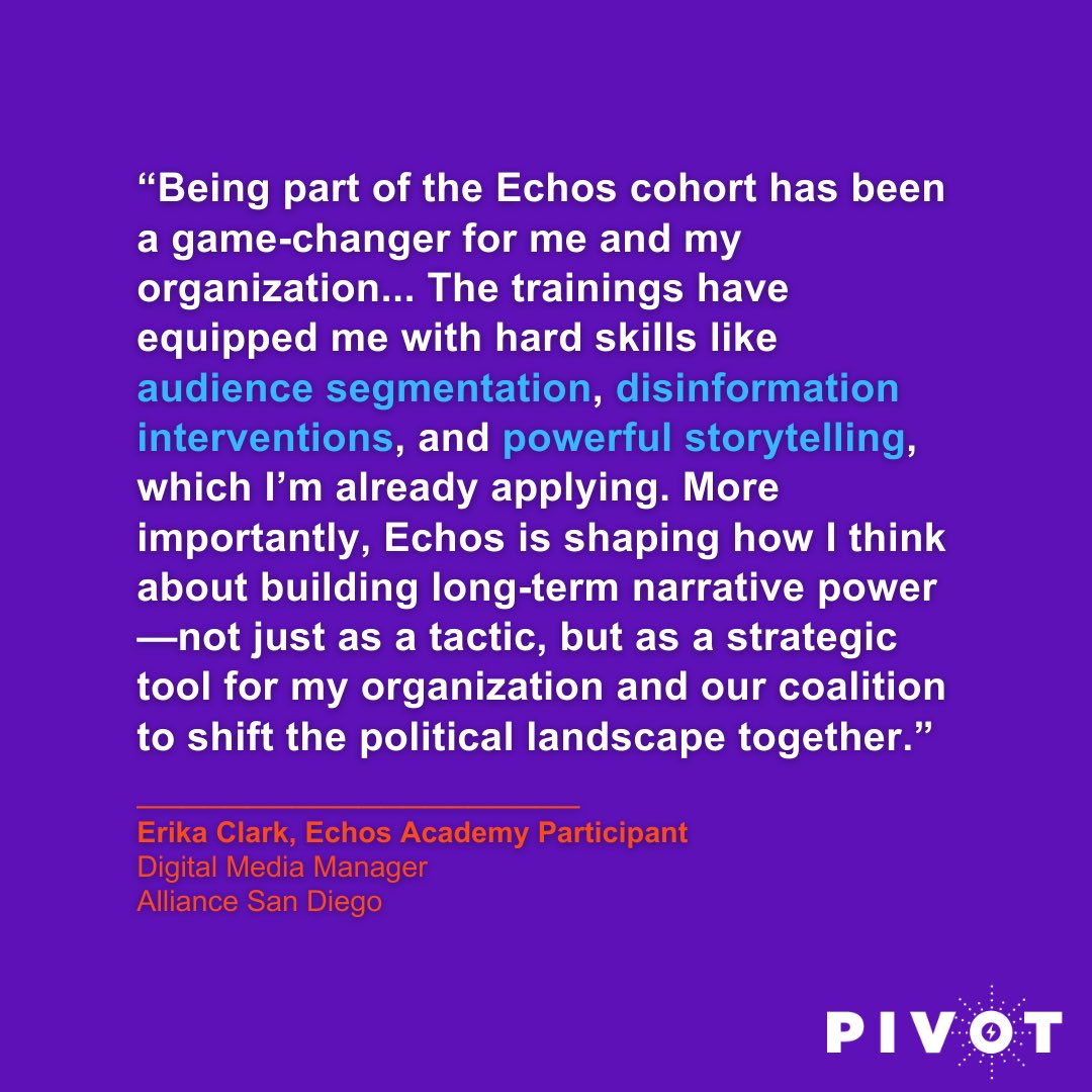 As a PIVOT Narrative Grantee, <a href="/millionvp/">Million Voters Project</a> is building a movement-aligned, coordinated narrative infrastructure through the Echos Academy. Echos participants partner with coaches, and implement real-time, collaborative narrative experiments to apply their learnings with peers. 🧠💪