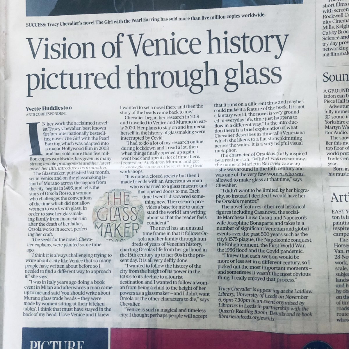 Thanks to <a href="/YvetteHWriter/">Yvette Huddleston</a> for her super feature about <a href="/Tracy_Chevalier/">Tracy_Chevalier</a> in The Yorkshire Post today, ahead of Tracy’s event in Leeds on 6th Nov. at the Laidlaw Library in Leeds where she’ll be discussing Literary Journeys with <a href="/Margotgoodlife/">Rebecca Fletcher</a> from 6pm. *This event is also being