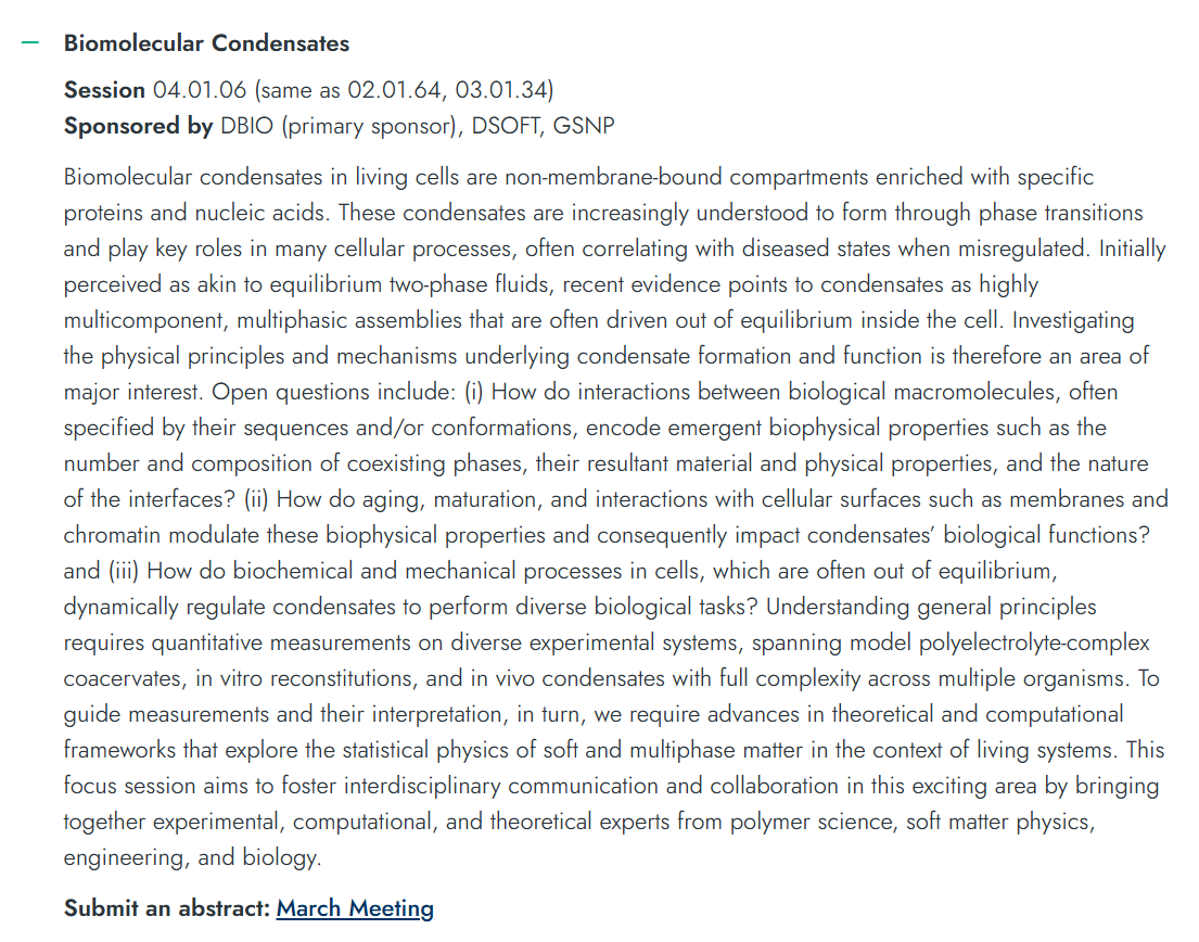 Hongbo Zhao (@hbozhao) on Twitter photo Excited to co-organize an #APS session on biomolecular condensates with <a href="/potoyan/">Davit Potoyan</a> Yaojun Zhang, and Patrick McCall. Amazing lineup of invited speakers: <a href="/jerelleaj/">Jerelle A Joseph</a>, <a href="/lab_zhang/">Huaiying Zhang</a>, and Huan-Xiang Zhou. Abstract submissions due THIS Friday! Don't miss out! Looking forward to engaging Excited to co-organize an #APS session on biomolecular condensates with <a href="/potoyan/">Davit Potoyan</a> Yaojun Zhang, and Patrick McCall. Amazing lineup of invited speakers: <a href="/jerelleaj/">Jerelle A Joseph</a>, <a href="/lab_zhang/">Huaiying Zhang</a>, and Huan-Xiang Zhou. Abstract submissions due THIS Friday! Don't miss out! Looking forward to engaging