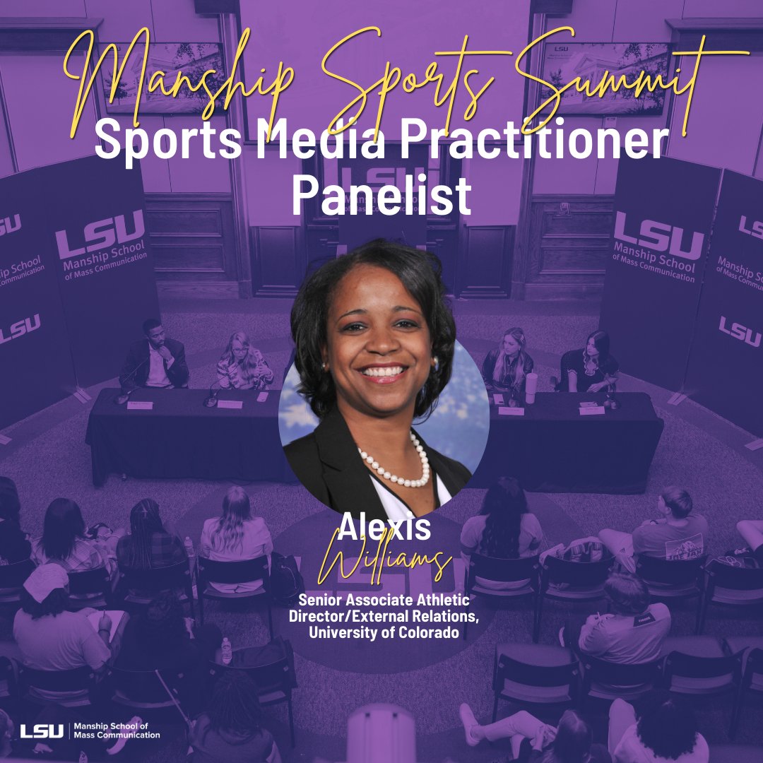 We're thrilled to announce a new addition to our Sports Media Practitioner panel at the Manship School Sports Summit on October 23 at 2:30 p.m. 🎉 Get ready to hear from Alexis Williams, one of the top voices in the industry as she shares insights, experiences, and expertise on