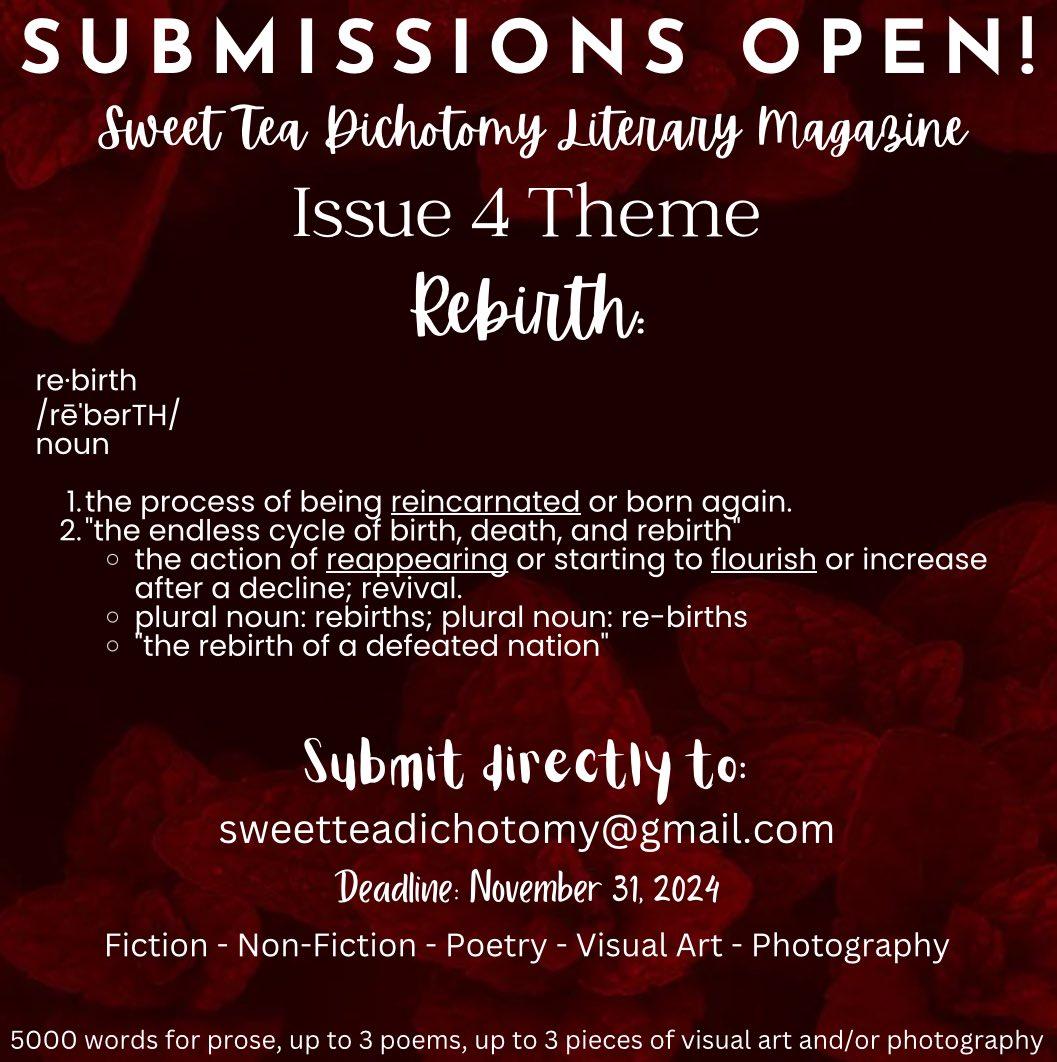 SweetTeaLitMag's tweet photo. It is Open-Call time again!! We are preparing for our 4th issue, and we would love to be a place where you can showcase your work! https://t.co/7vyj1pc2Gc