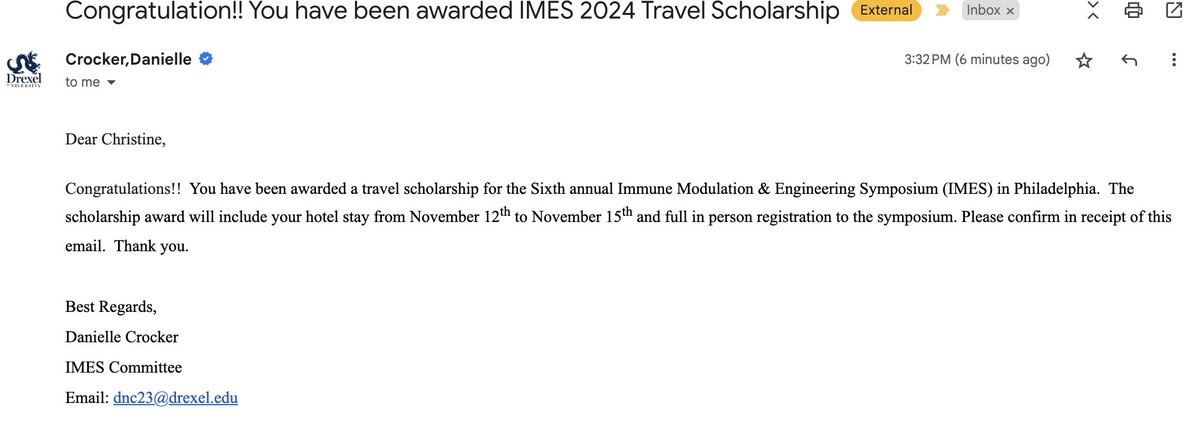 Some good news to start the week~ Super excited to have won a travel award to attend #IMES2024 ! Looking forward to sharing some mechanistic insights on RBC hitchhiking and learning from the amazing immunoengineering speaker lineup this year!