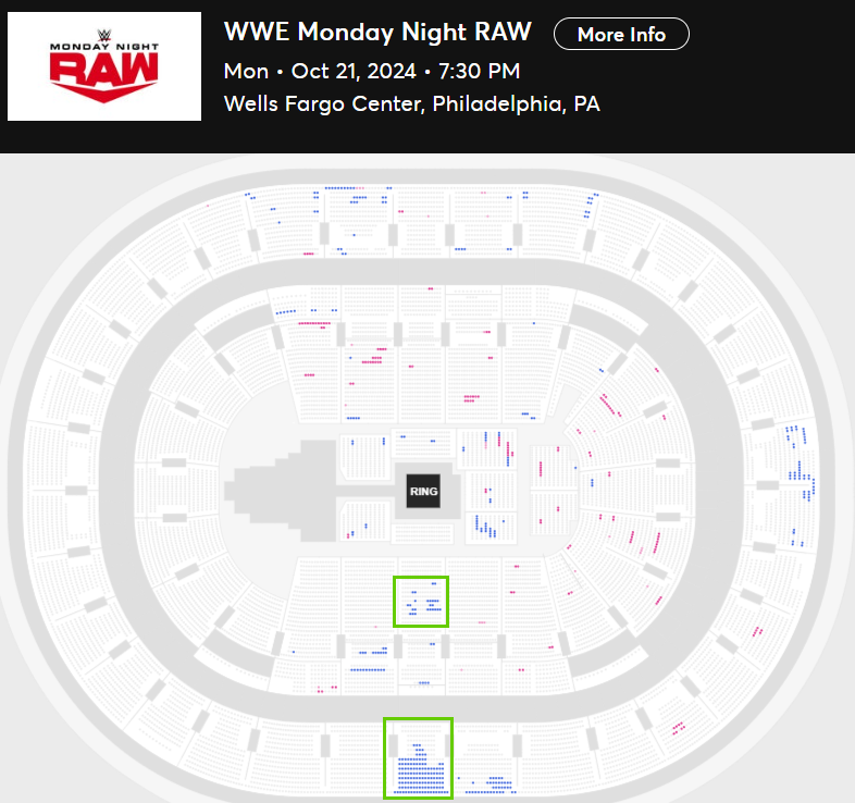 WrestleTix's tweet photo. WWE Monday Night RAW
Mon • Oct 21 • 7:30 PM
Wells Fargo Center, Philadelphia, PA

Available Tickets: 416
Current Setup: 13,073
Tickets Distributed: 12,657

📈 | +1,392 since the last update (1 day ago)
📺 | Tonight's TV
⏮ | 4/8/2024: Raw 18,486 [SOLD OUT]