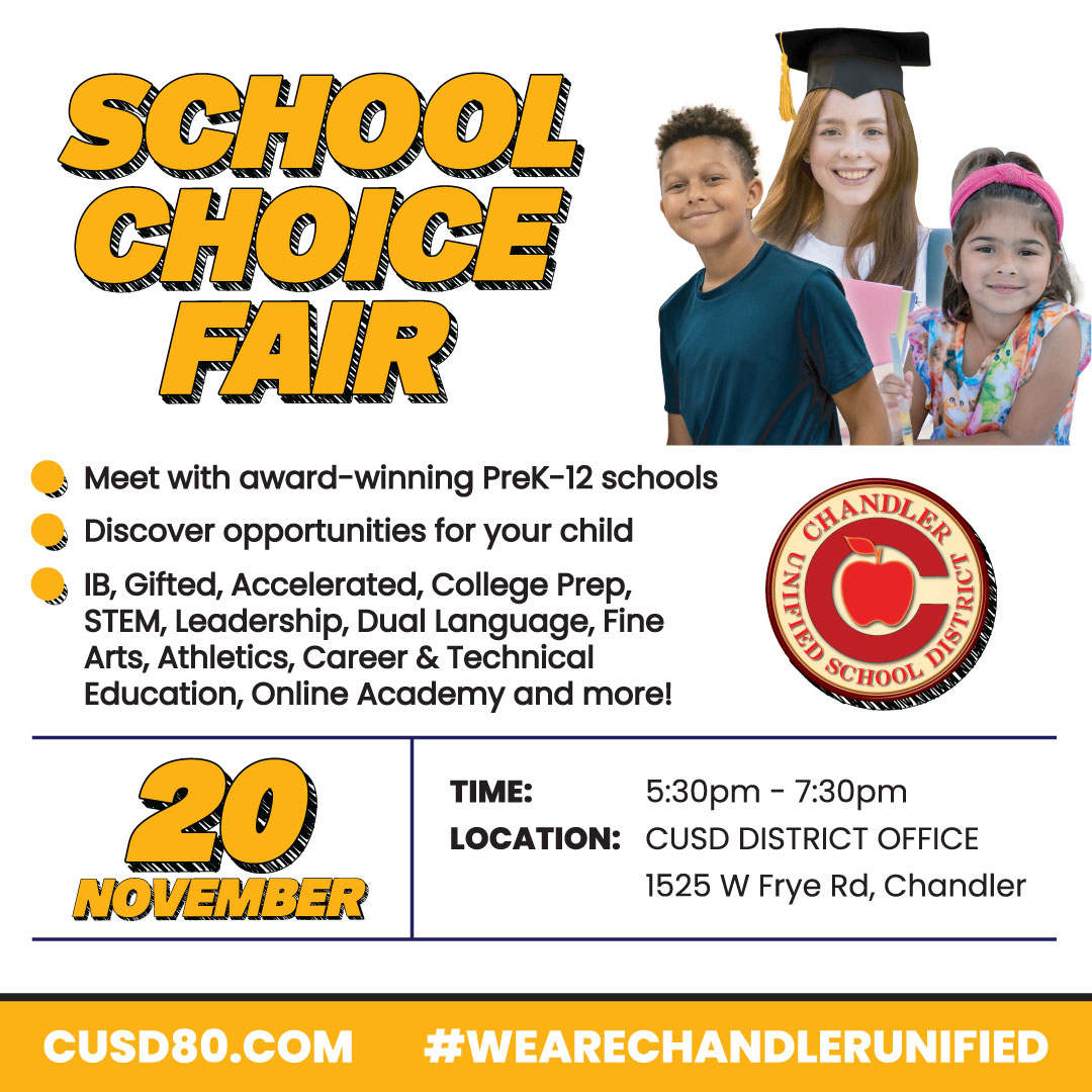 ChandlerUnified's tweet image. Learn about all our schools and programs in one place at the first-ever School Choice Fair! 
📅 Wednesday, Nov 20. 5:30 - 7:30 p.m.
📍 District Office 
1525 W. Frye Road, Chandler, AZ 85224
More information: bit.ly/3UjXHdl
#WeAreChandlerUnified #Education #SchoolChoice