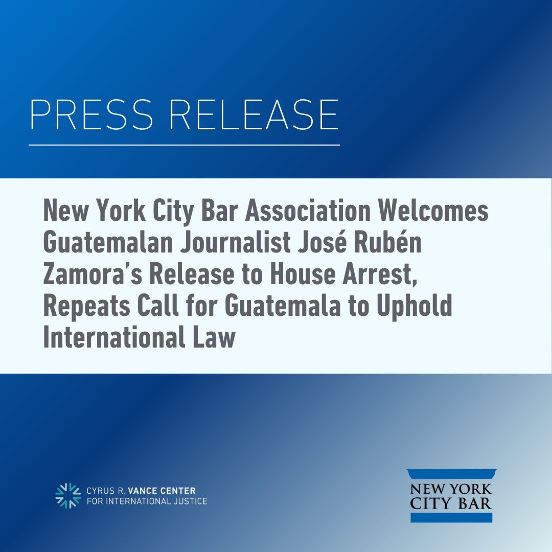 VanceCenter's tweet image. The @NYCBarAssn today welcomed a Guatemalan court’s decision to release imprisoned journalist José Rubén Zamora to house arrest and reiterated its call for Guatemalan authorities to ensure the rights of anti-corruption actors.

Press release➡️ nycbar.org/press-releases…