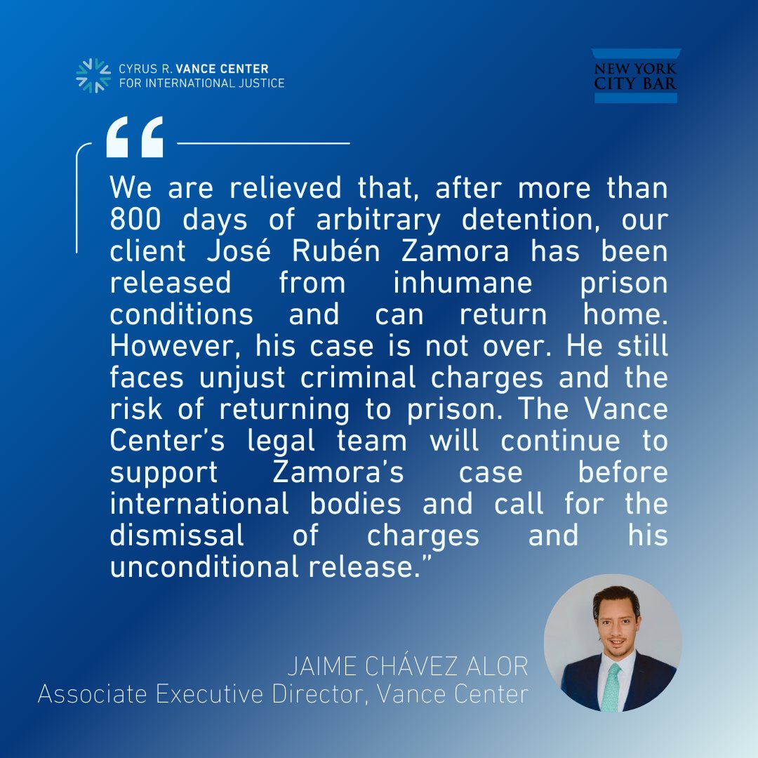 Vance Center for International Justice (@vancecenter) on Twitter photo The <a href="/NYCBarAssn/">New York City Bar</a> today welcomed a Guatemalan court’s decision to release imprisoned journalist José Rubén Zamora to house arrest and reiterated its call for Guatemalan authorities to ensure the rights of anti-corruption actors.
Press release➡️ nycbar.org/press-releases… The <a href="/NYCBarAssn/">New York City Bar</a> today welcomed a Guatemalan court’s decision to release imprisoned journalist José Rubén Zamora to house arrest and reiterated its call for Guatemalan authorities to ensure the rights of anti-corruption actors.
Press release➡️ nycbar.org/press-releases…