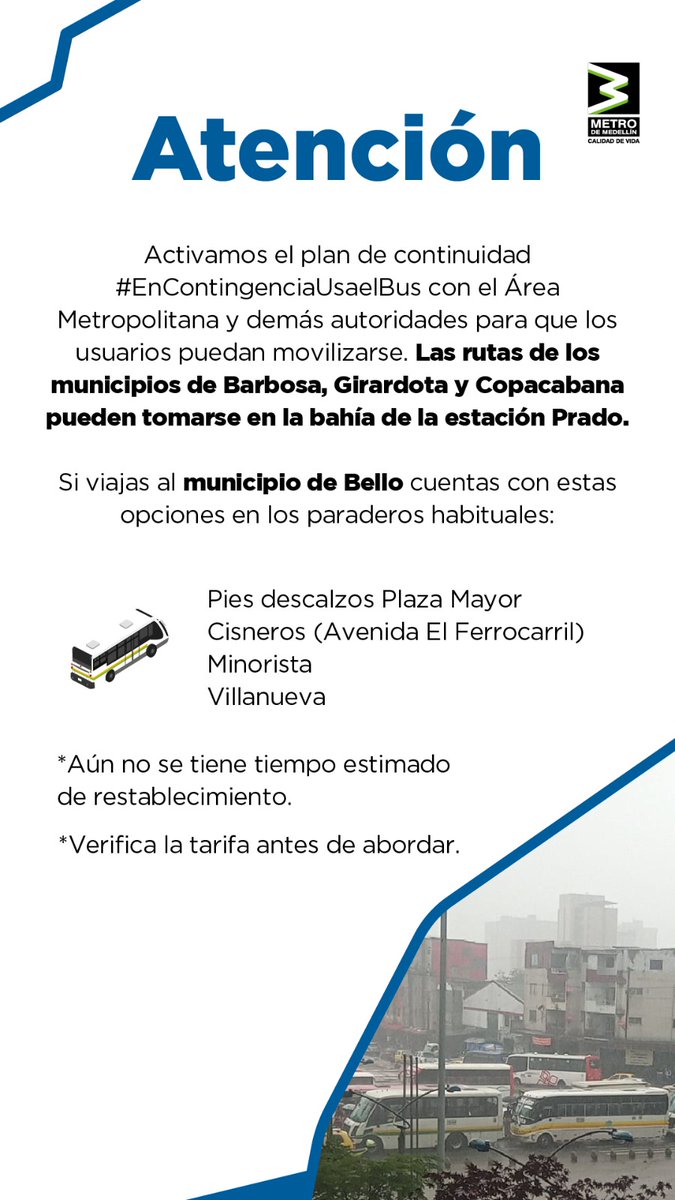Ante la contingencia de la Linea A del <a href="/metrodemedellin/">Metro de Medellín 💚 #30AñosALoMetro</a>, entre estaciones Bello y Prado, se activo el plan de contingencia del <a href="/Areametropol/">Área Metropolitana del Valle de Aburrá</a>:

- Rutas metropolitanas del norte integrando en 5 puntos (Imagen anexa)
- Estamos informando a pasajeros del sistema en redes sociales,
