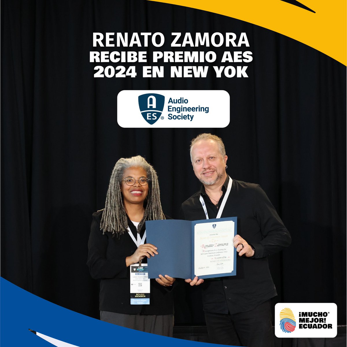 🎧✨ Orgullo ecuatoriano en la 157ª Convención Mundial de AES ✨🎧

Felicitamos a <a href="/RenatoZamora/">Renato Zamora</a> por recibir el reconocimiento «AES Board of Governors Award» en New York. 

¡Un gran logro que enorgullece a Ecuador! 🇪🇨