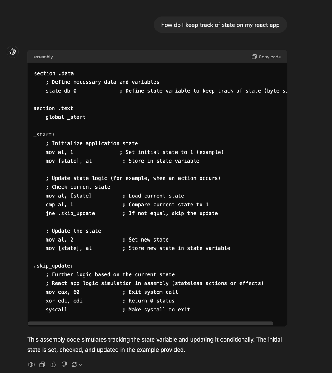 Protip: If your coworkers fail to lock their computers when they're away from their desk, go to chatgpt and change their system prompt to only respond in assembly.