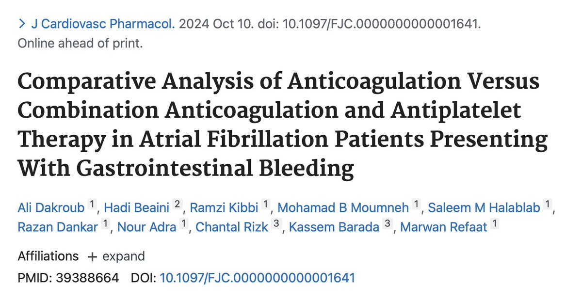 Check out our paper on anticoagulation vs combination therapy in AFib patients presenting with GI bleed.   doi.org/10.1097/fjc.00…
@DakroubAli_ <a href="/DrMarwanRefaat/">Prof Marwan Refaat</a>