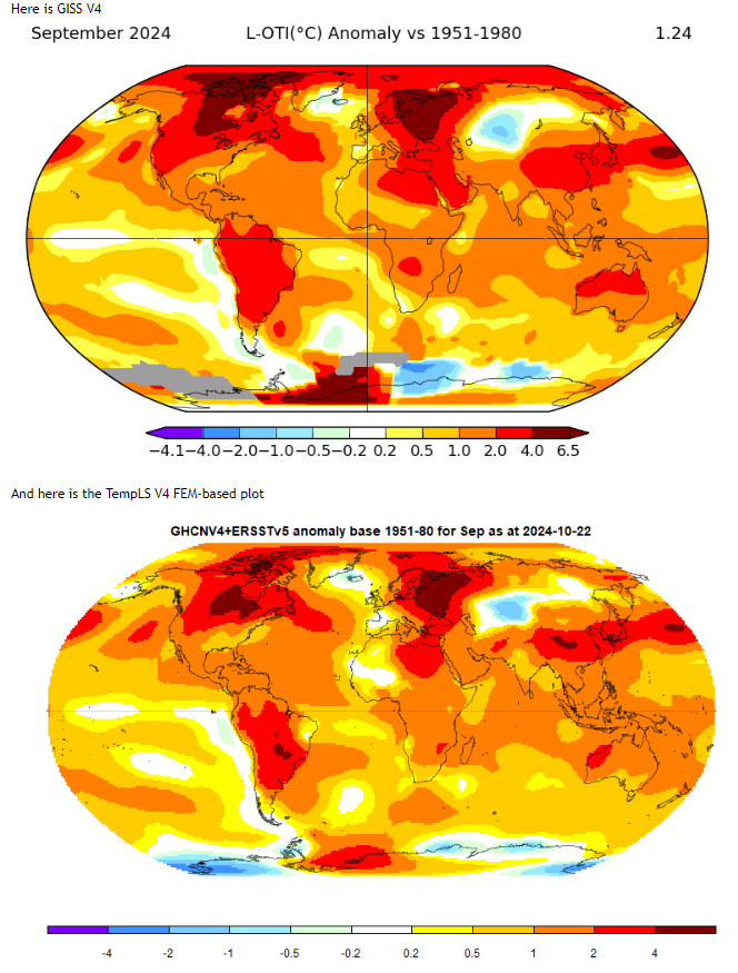 moyhu: GISS September global temperature down by 0.04°C from August. 
Breaks a run of 15 months, but still warmer than any Sep before 2023. Compared with TmpLS here:
moyhu.blogspot.com/2024/10/giss-s… via <a href="/nstokesvic/">Nick Stokes</a>